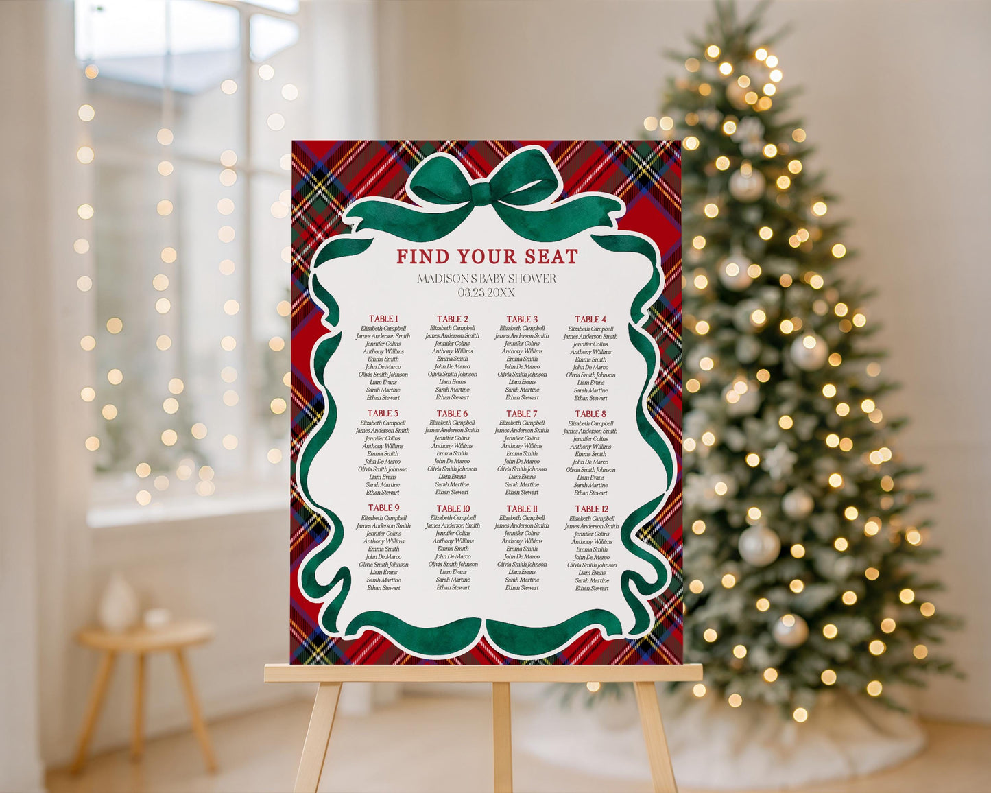 Red Tartan Plaid Christmas Bear Seating Chart Poster Template, We Can Bearly Wait Christmas Baby Shower, December Beary 1st Birthday WP1082