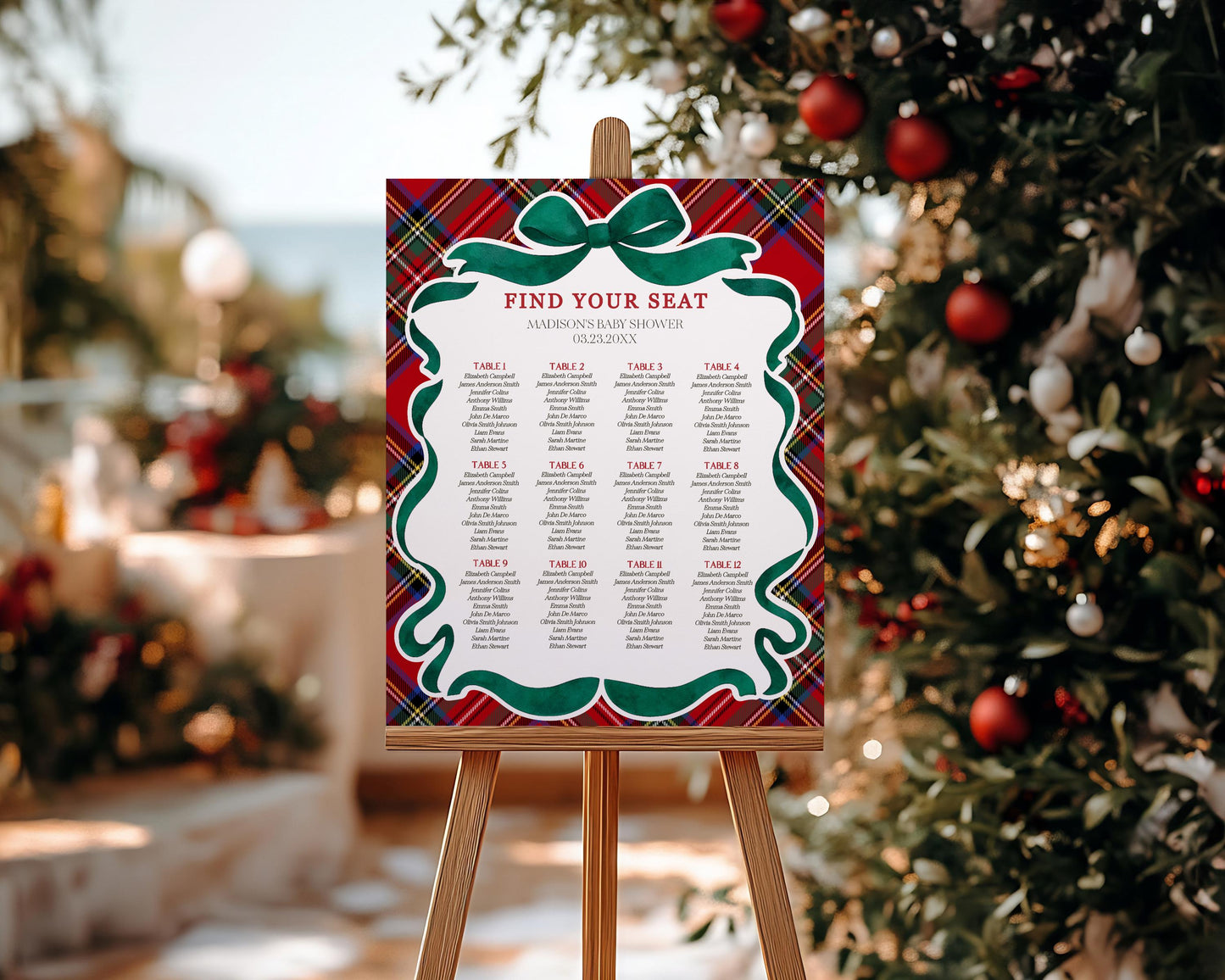 Red Tartan Plaid Christmas Bear Seating Chart Poster Template, We Can Bearly Wait Christmas Baby Shower, December Beary 1st Birthday WP1082