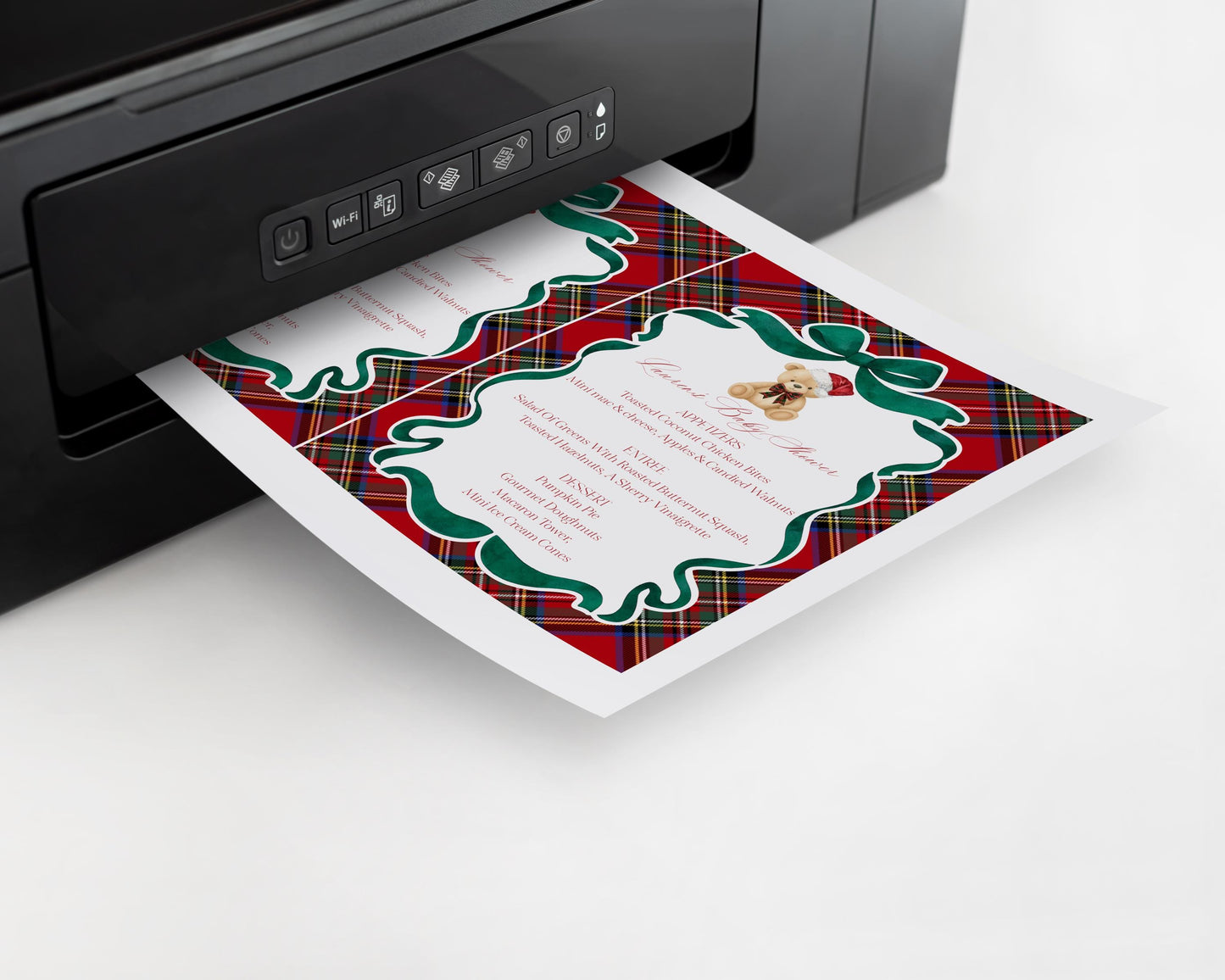 Red Tartan Plaid Christmas Bear Menu Template, We Can Bearly Wait Christmas Baby Shower, December Beary First Birthday WP1082