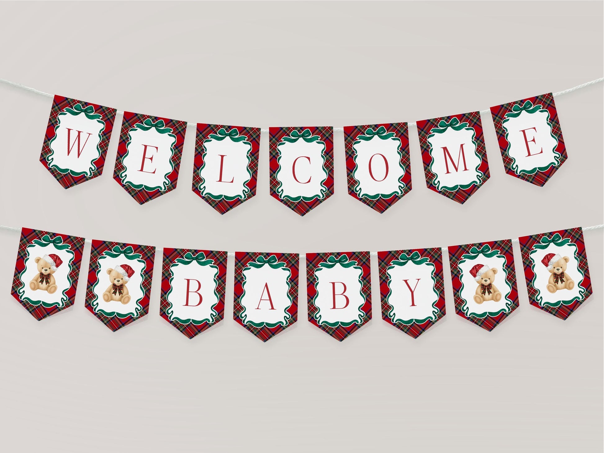 Red Tartan Plaid Christmas Bear Baby Shower Banner Template, We Can Bearly Wait Christmas Baby Sprinkle, December Plaid Bear Nesting WP1082