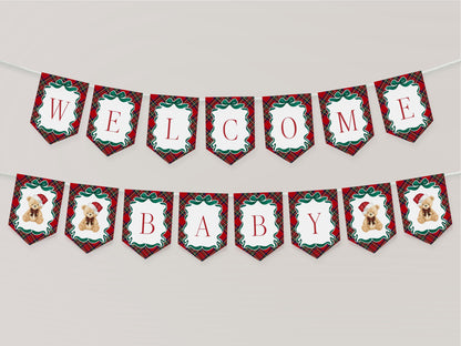 Red Tartan Plaid Christmas Bear Baby Shower Banner Template, We Can Bearly Wait Christmas Baby Sprinkle, December Plaid Bear Nesting WP1082
