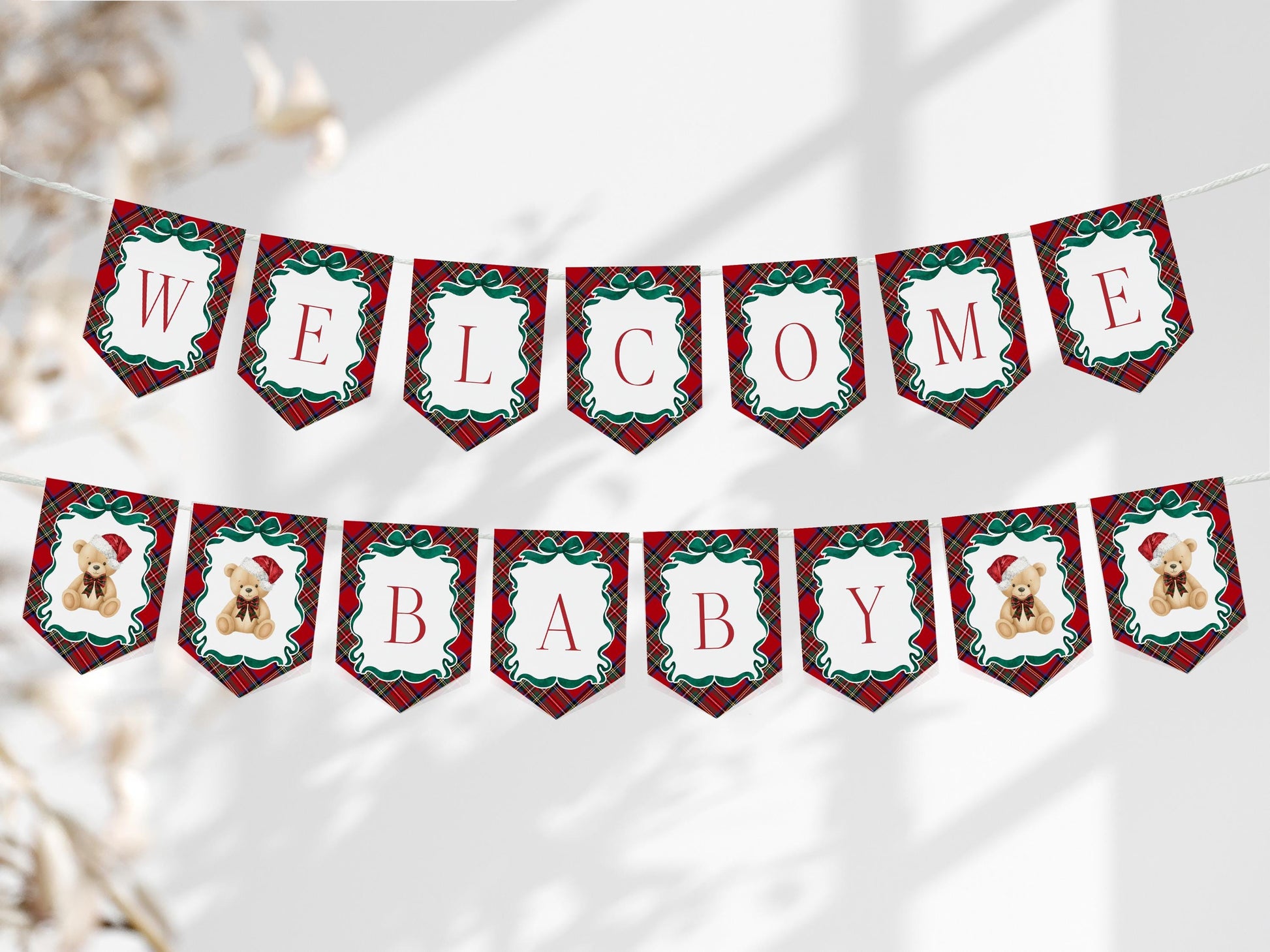 Red Tartan Plaid Christmas Bear Baby Shower Banner Template, We Can Bearly Wait Christmas Baby Sprinkle, December Plaid Bear Nesting WP1082