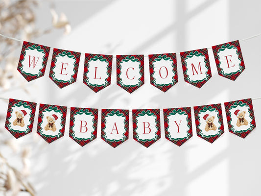 Red Tartan Plaid Christmas Bear Baby Shower Banner Template, We Can Bearly Wait Christmas Baby Sprinkle, December Plaid Bear Nesting WP1082