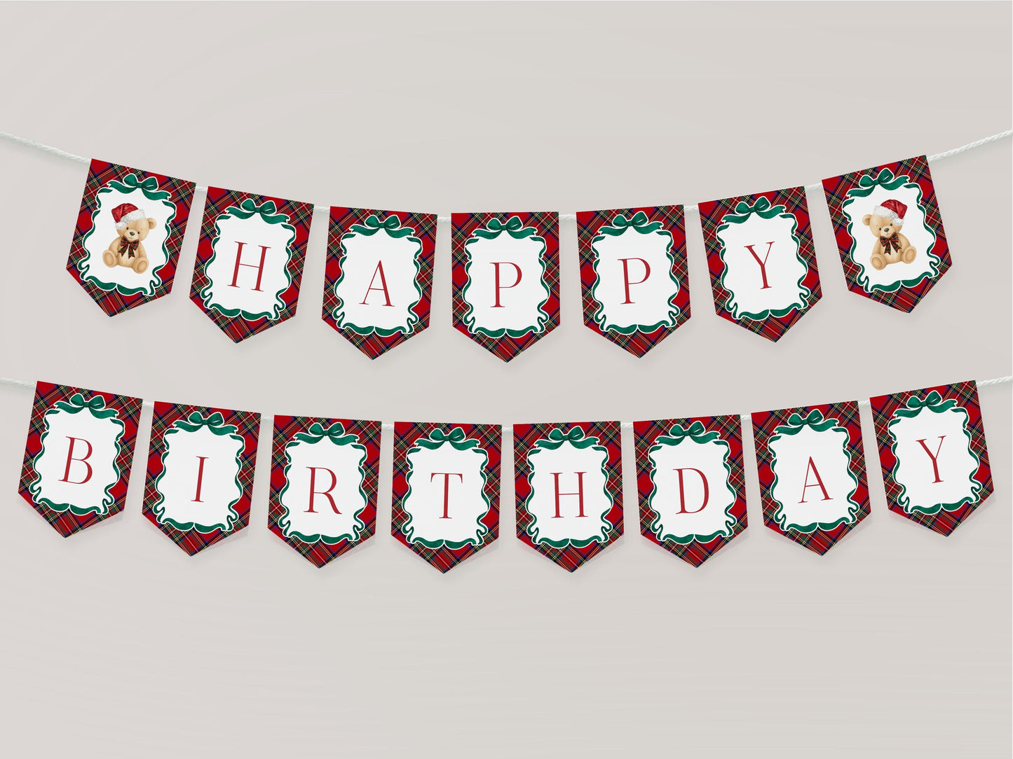 Red Tartan Plaid Christmas Bear Birthday Banner Template, Beary First Birthday Christmas Birthday Party Decor, December Bday Party WP1082