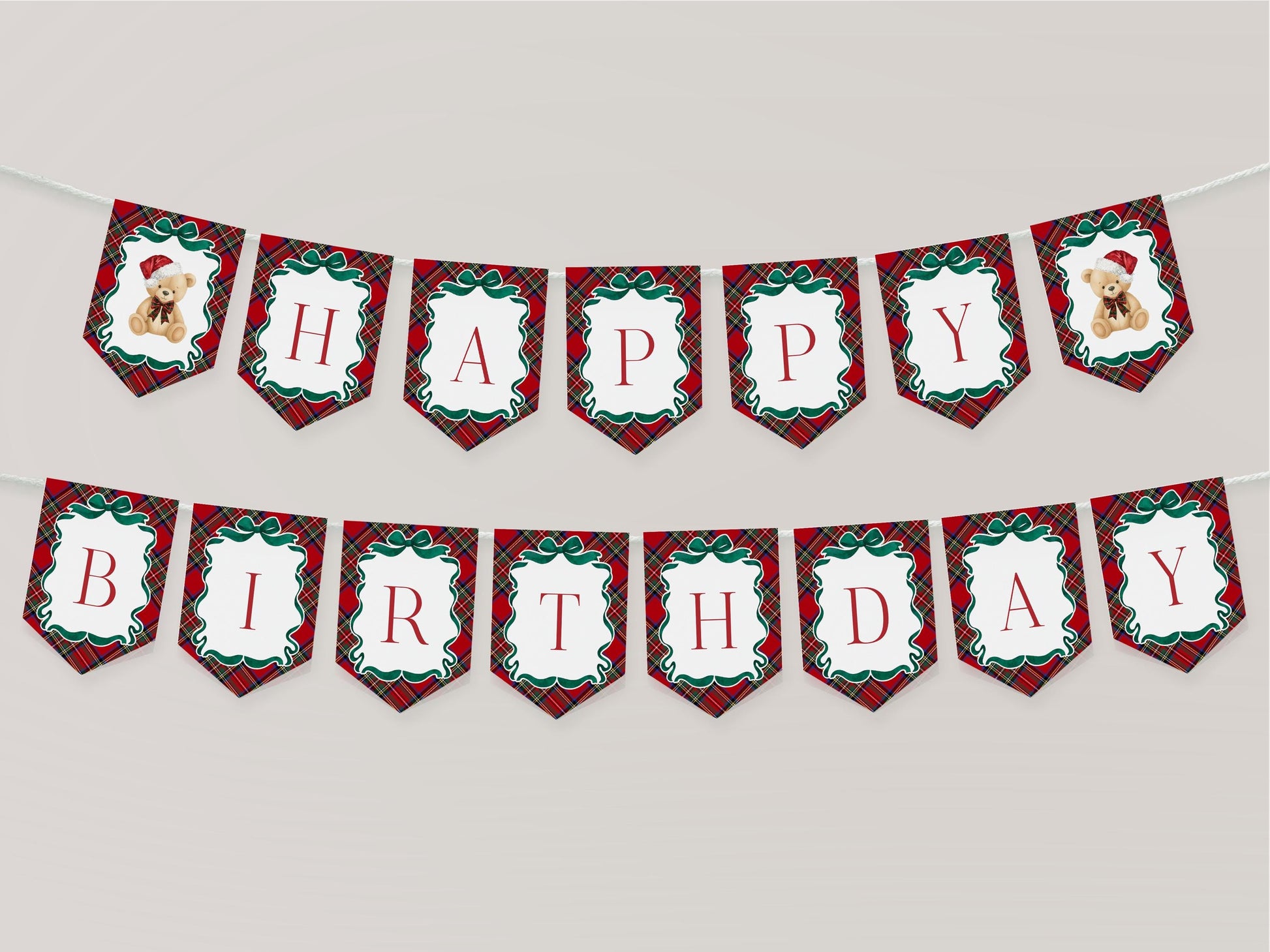 Red Tartan Plaid Christmas Bear Birthday Banner Template, Beary First Birthday Christmas Birthday Party Decor, December Bday Party WP1082