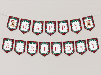 Red Tartan Plaid Christmas Bear Birthday Banner Template, Beary First Birthday Christmas Birthday Party Decor, December Bday Party WP1082