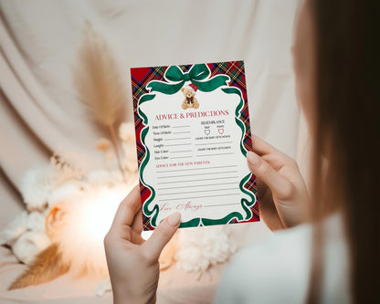 Red Tartan Plaid Christmas Bear Advice for Baby Cards Template, We Can Bearly Wait Christmas Baby Sprinkle, December Nesting Party WP1082