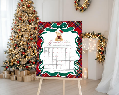 Red Tartan Plaid Christmas Bear Baby Shower Guess the Date Game Template, We Can Bearly Wait Christmas Baby Sprinkle, December Party WP1082