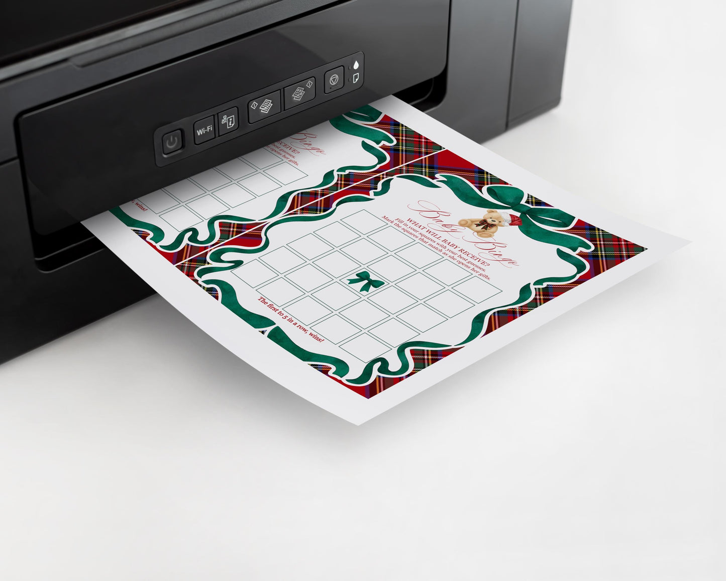 Red Tartan Plaid Christmas Bear Baby Shower Games Template, We Can Bearly Wait Christmas Baby Sprinkle, December Plaid Bear Nesting WP1082