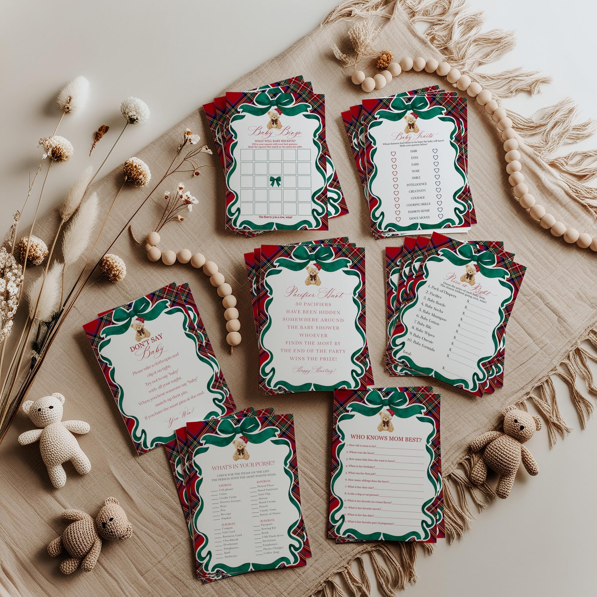 Red Tartan Plaid Christmas Bear Baby Shower Games Template, We Can Bearly Wait Christmas Baby Sprinkle, December Plaid Bear Nesting WP1082