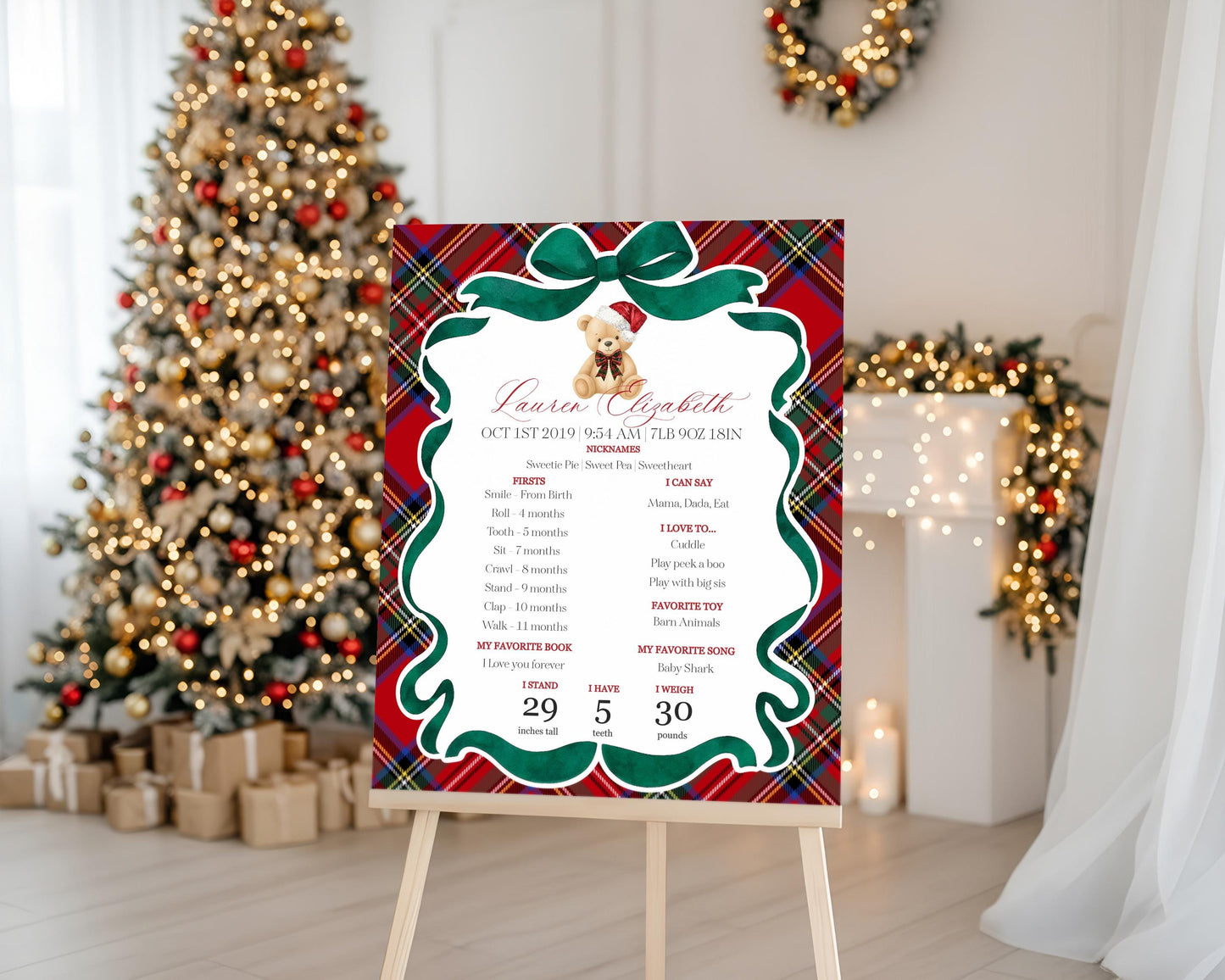 Red Tartan Plaid Christmas Bear First Year Milestone Sign Printable Template, Beary First Birthday Christmas Birthday Party Decor WP1082