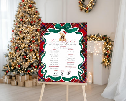 Red Tartan Plaid Christmas Bear First Year Milestone Sign Printable Template, Beary First Birthday Christmas Birthday Party Decor WP1082