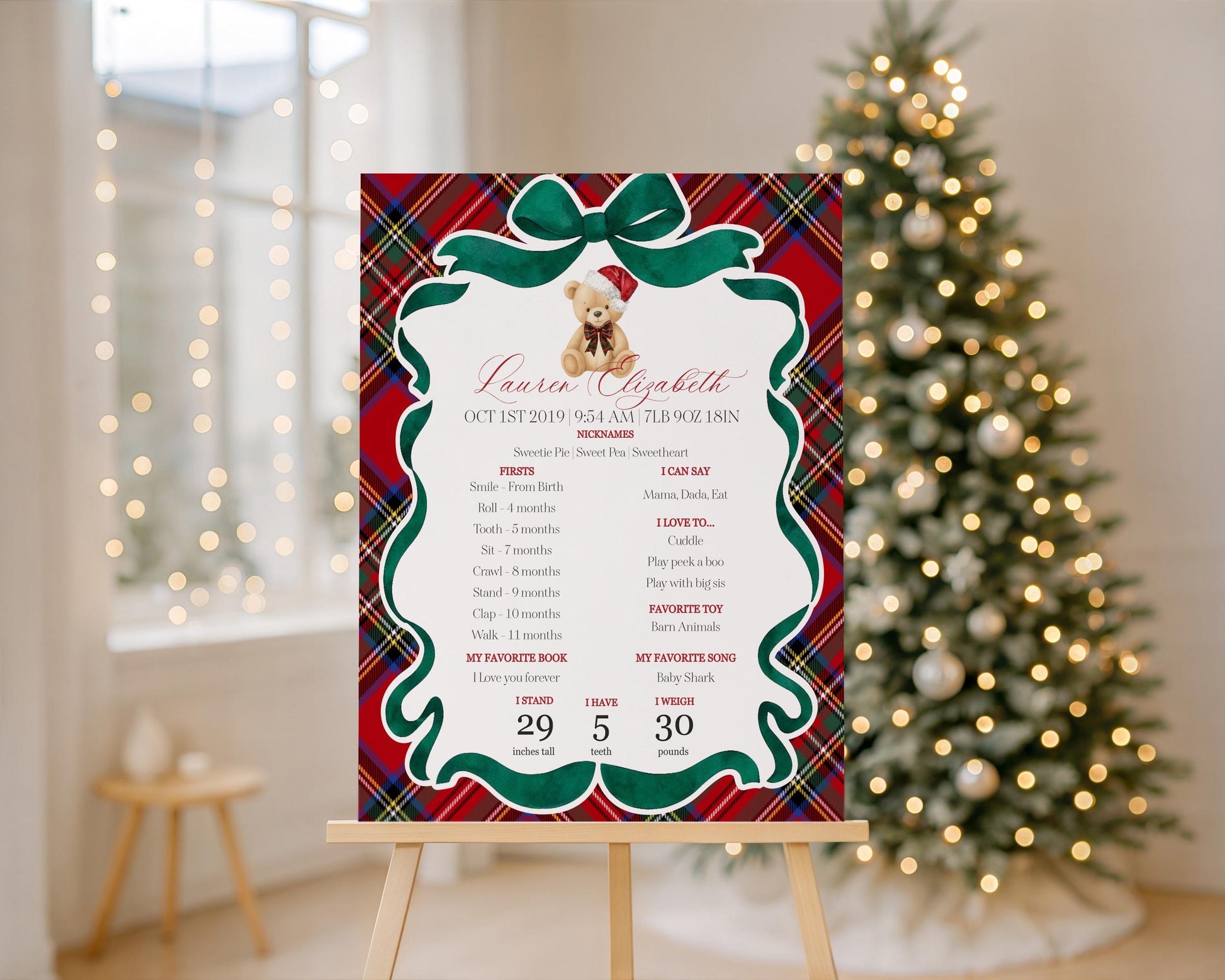 Red Tartan Plaid Christmas Bear First Year Milestone Sign Printable Template, Beary First Birthday Christmas Birthday Party Decor WP1082
