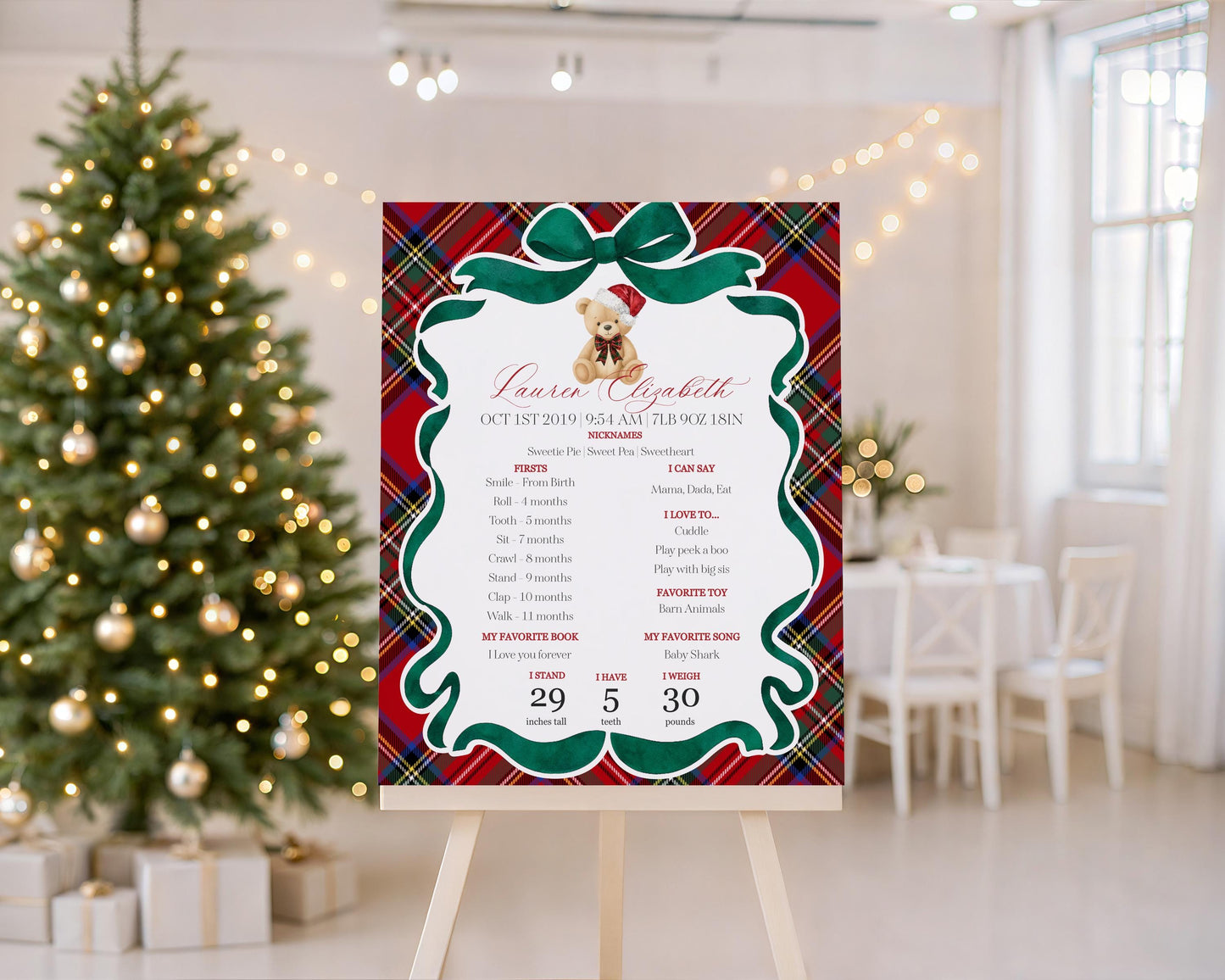 Red Tartan Plaid Christmas Bear First Year Milestone Sign Printable Template, Beary First Birthday Christmas Birthday Party Decor WP1082