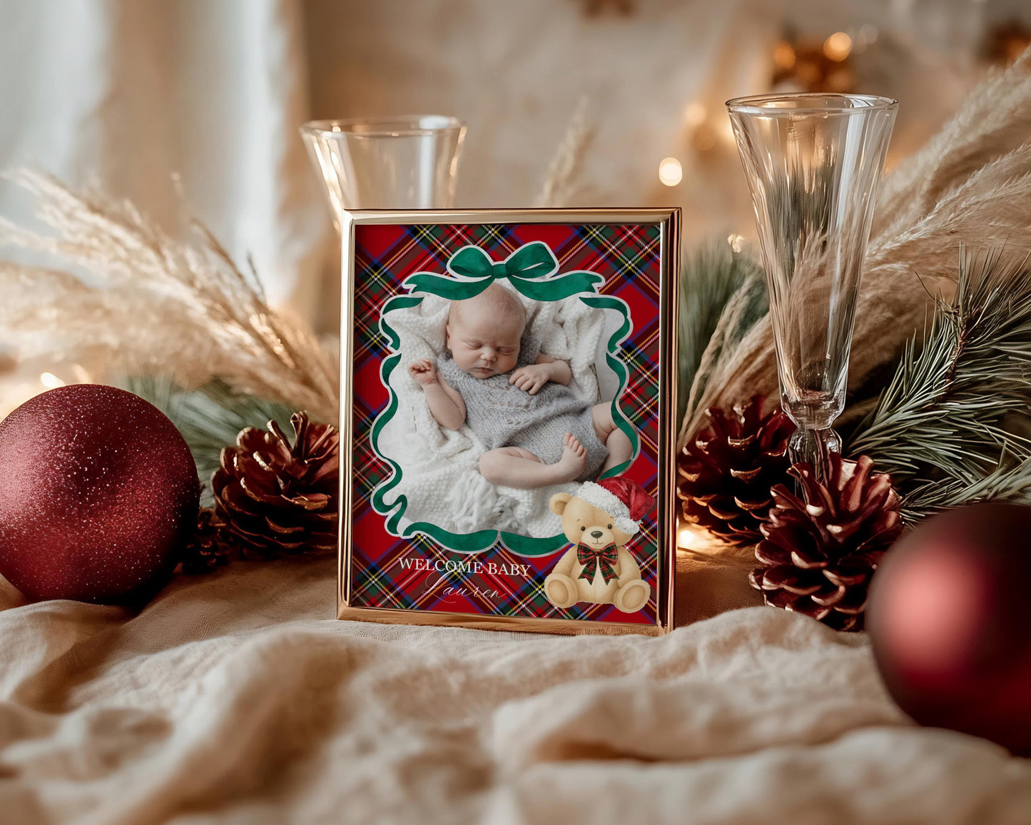 Red Tartan Plaid Christmas Bear 1st Birthday Milestone Banner Template, December Beary First Birthday Christmas Birthday Party Decor WP1082