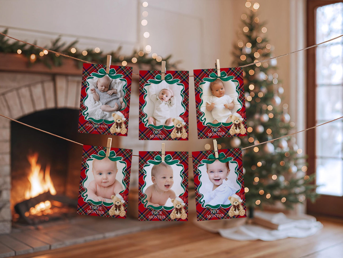 Red Tartan Plaid Christmas Bear 1st Birthday Milestone Banner Template, December Beary First Birthday Christmas Birthday Party Decor WP1082