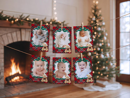 Red Tartan Plaid Christmas Bear 1st Birthday Milestone Banner Template, December Beary First Birthday Christmas Birthday Party Decor WP1082