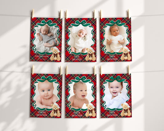 Red Tartan Plaid Christmas Bear 1st Birthday Milestone Banner Template, December Beary First Birthday Christmas Birthday Party Decor WP1082