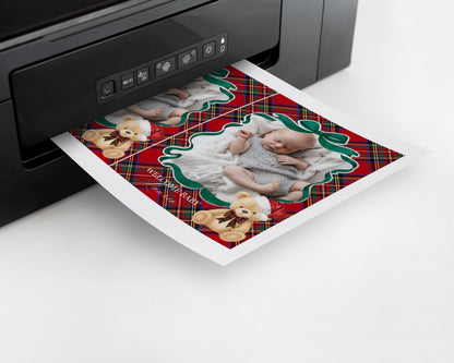 Red Tartan Plaid Christmas Bear 1st Birthday Milestone Banner Template, December Beary First Birthday Christmas Birthday Party Decor WP1082