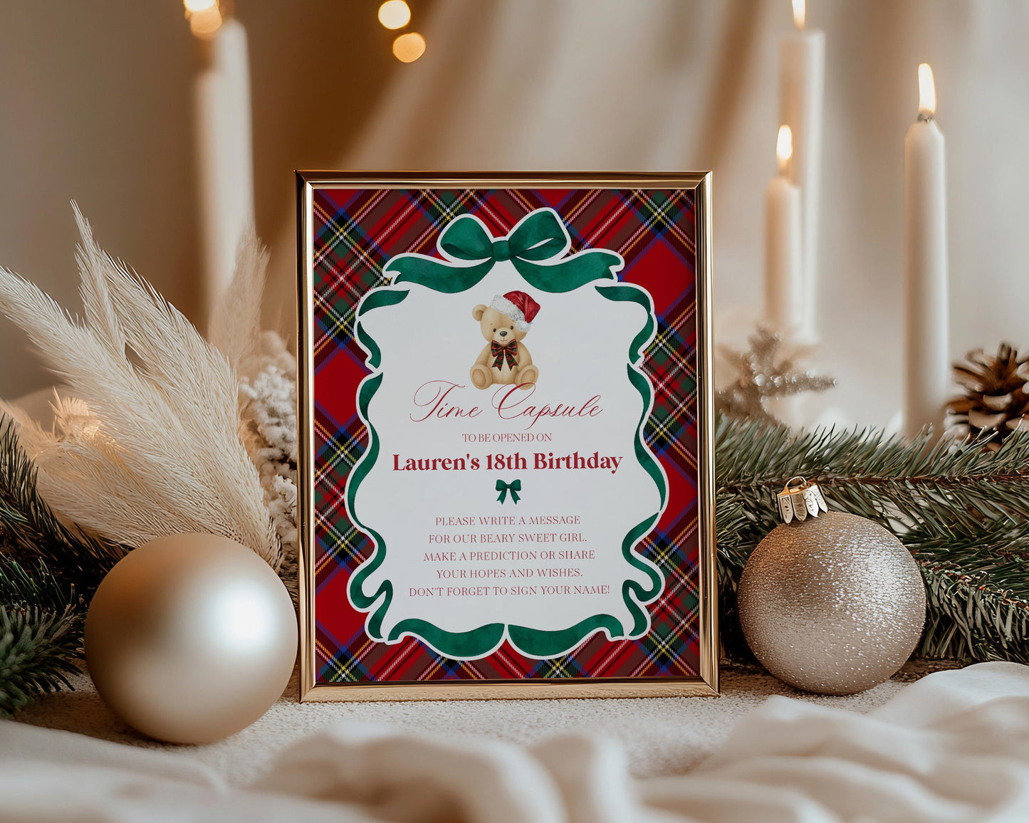 Red Tartan Plaid Christmas Bear Time Capsule Template, Beary First Birthday Christmas Birthday Party Decor, December Plaid Bear Party WP1082