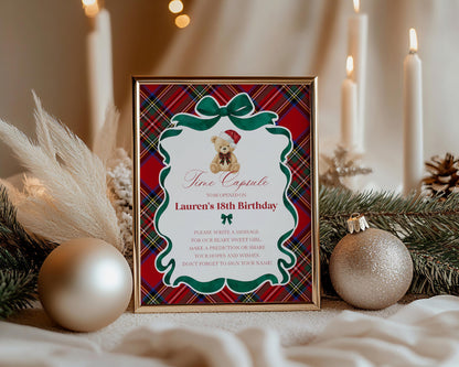 Red Tartan Plaid Christmas Bear Time Capsule Template, Beary First Birthday Christmas Birthday Party Decor, December Plaid Bear Party WP1082