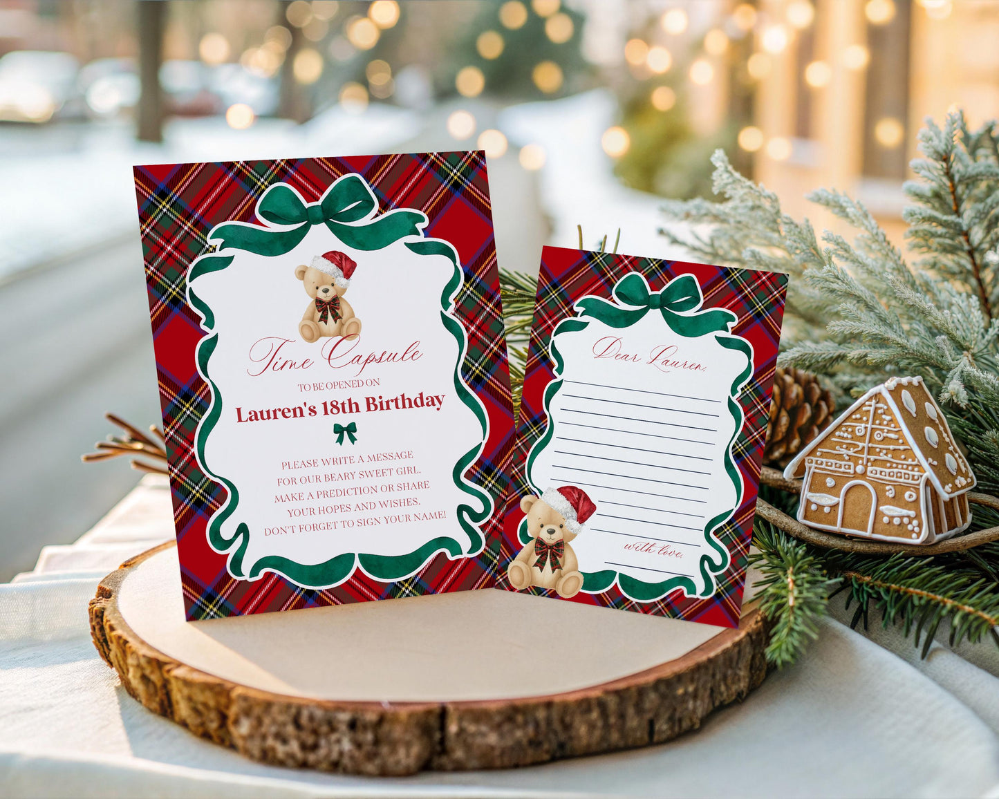 Red Tartan Plaid Christmas Bear Time Capsule Template, Beary First Birthday Christmas Birthday Party Decor, December Plaid Bear Party WP1082