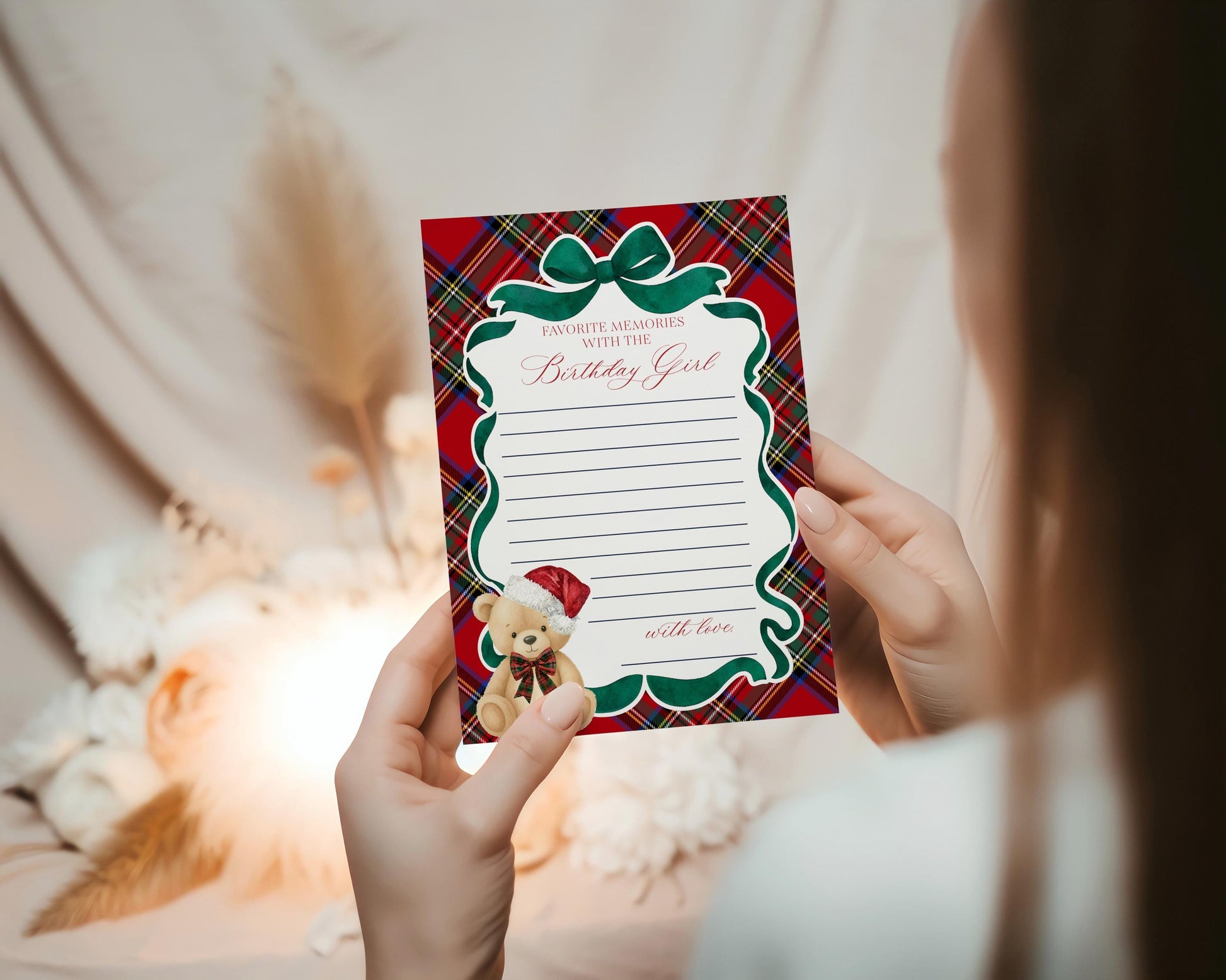 Red Tartan Plaid Christmas Bear Favorite Memories Birthday Template, Christmas Teddy Bear Birthday Party, December Plaid Bear Party WP1082