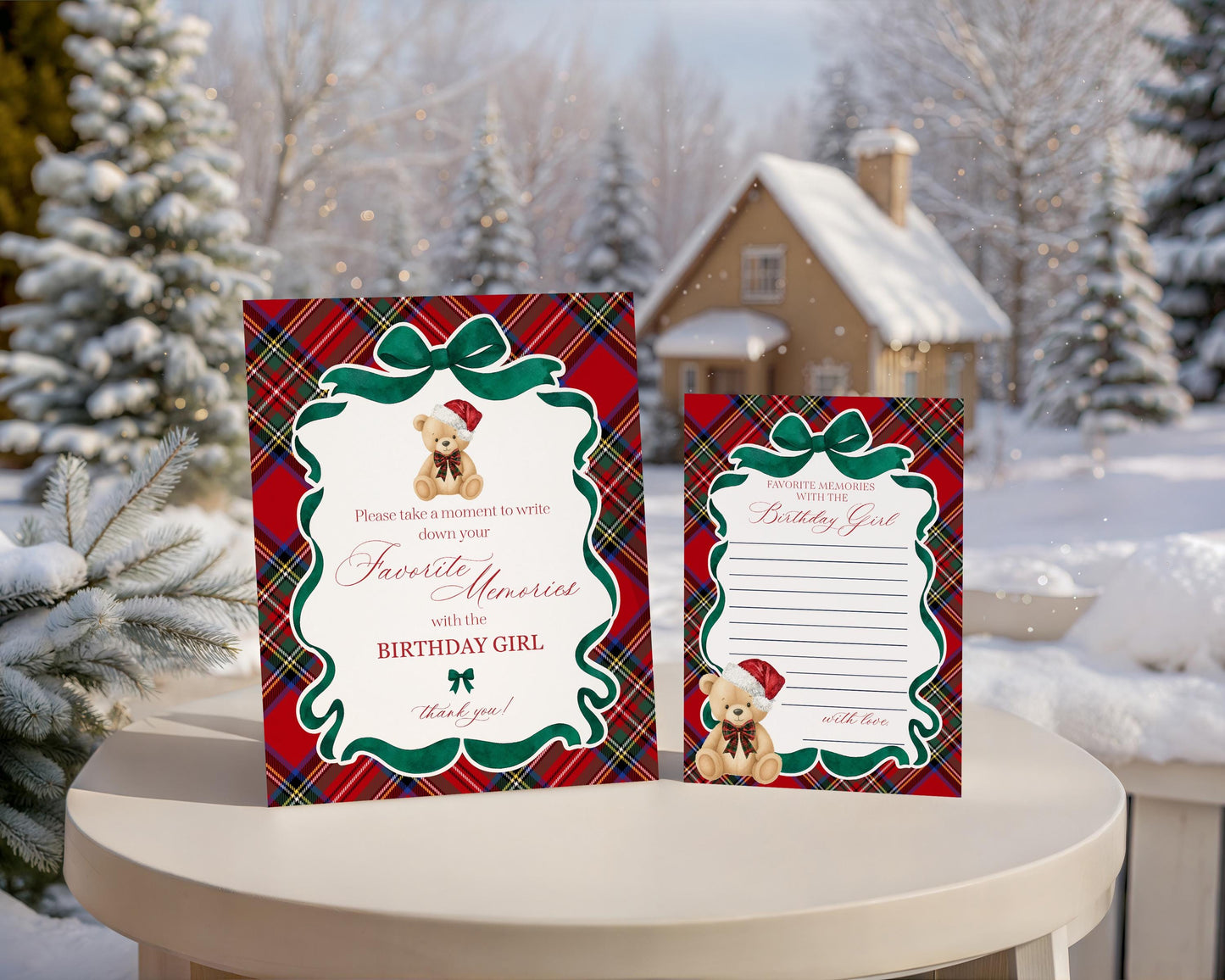 Red Tartan Plaid Christmas Bear Favorite Memories Birthday Template, Christmas Teddy Bear Birthday Party, December Plaid Bear Party WP1082