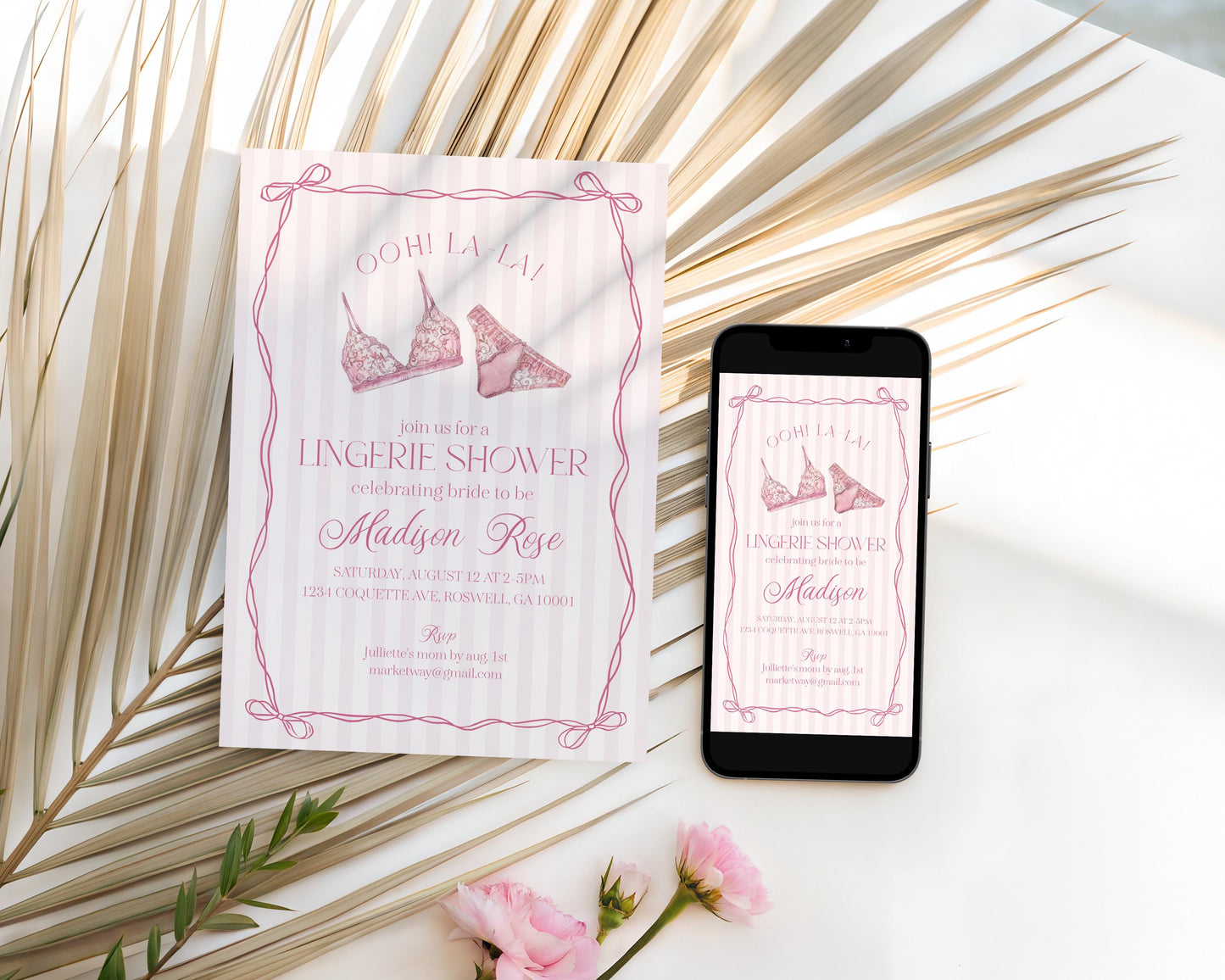 Pink Lingerie Shower Invitation Template, Blush Pink Panty Party Bachelorette Party, Oh la la Lace Spoil Her Bridal Shower WP1078