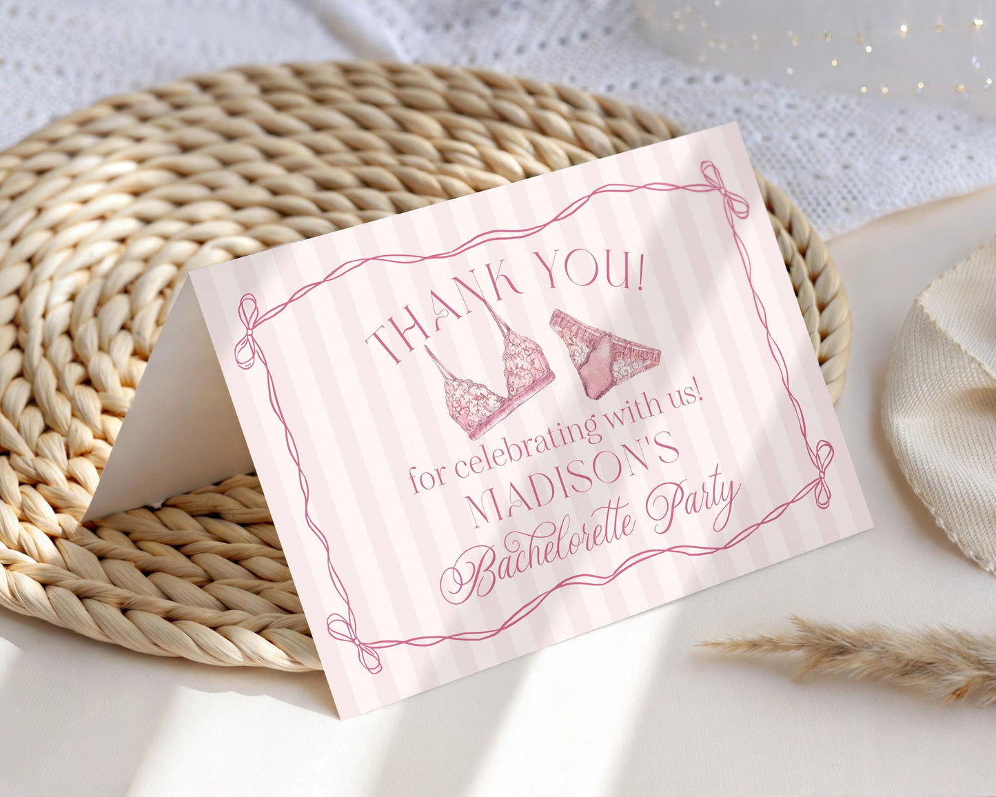 Pink Lingerie Shower Thank You Card Template, Blush Pink Panty Party Bachelorette Party, Oh la la Lace Spoil Her Bridal Shower WP1078