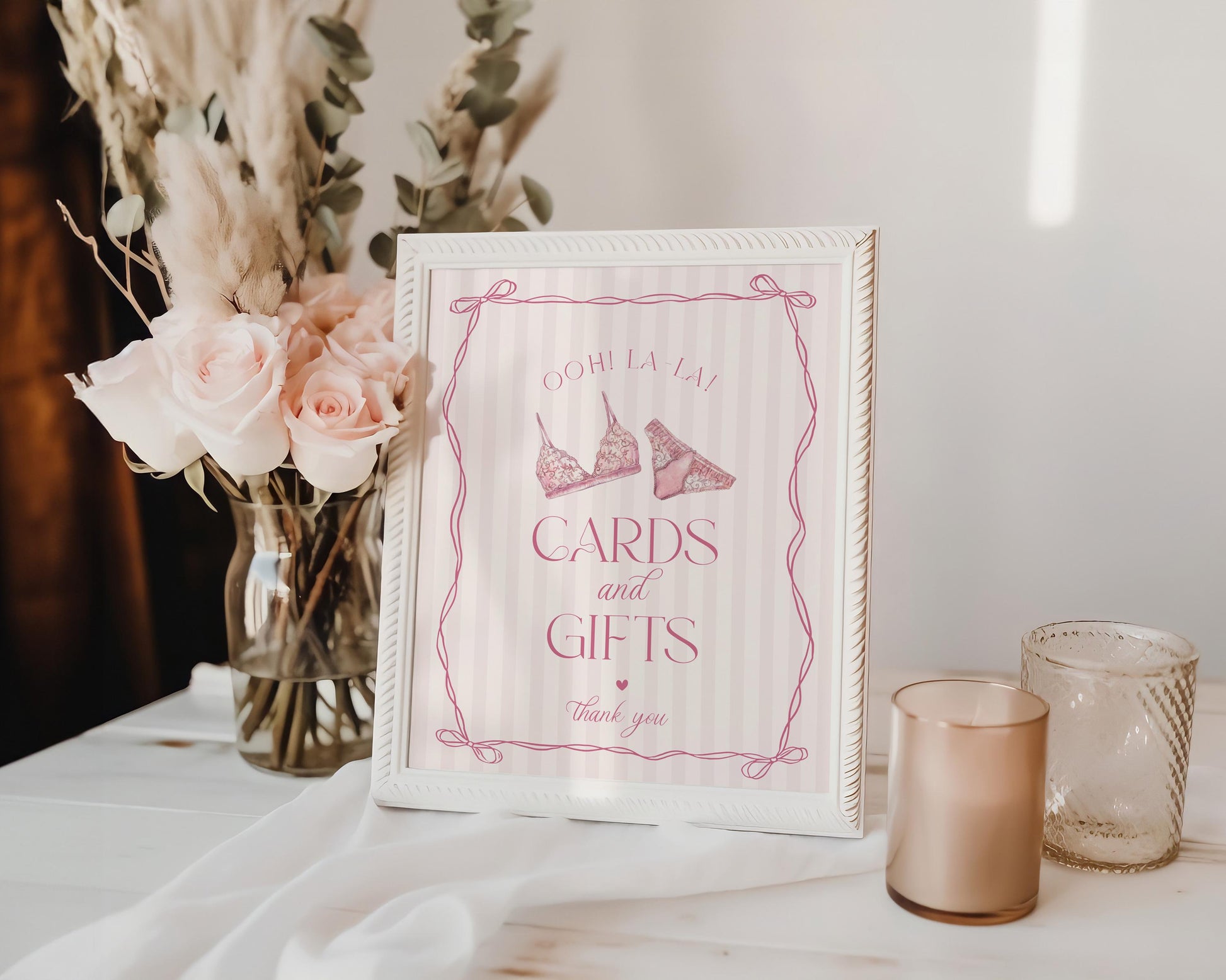 Pink Lingerie Shower Cards & Gifts Favors Sign Template, Blush Panty Party Bachelorette Party, Oh la la Lace Spoil Her Bridal Shower WP1078