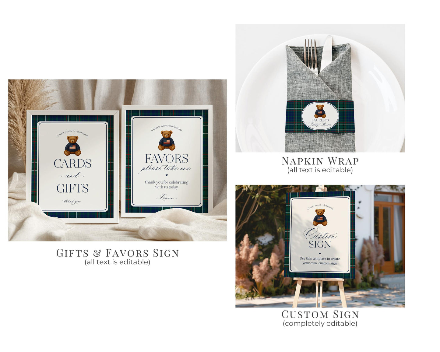 Preppy Bear Baby Shower Bundle Printable Template, We Can Bearly Wait Old Money Baby Sprinkle, Tartan Plaid Nesting Party WP1079