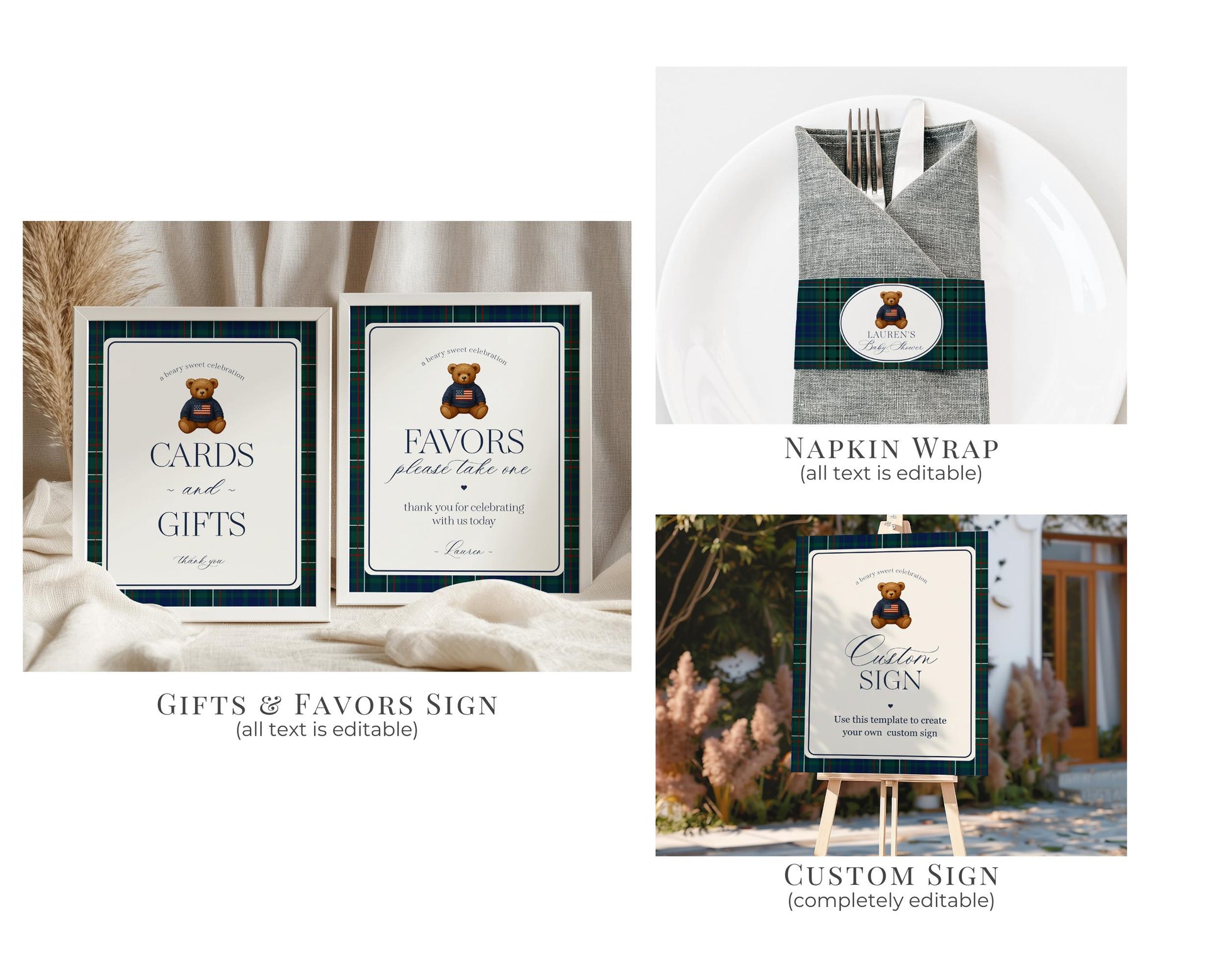 Preppy Bear Baby Shower Bundle Printable Template, We Can Bearly Wait Old Money Baby Sprinkle, Tartan Plaid Nesting Party WP1079