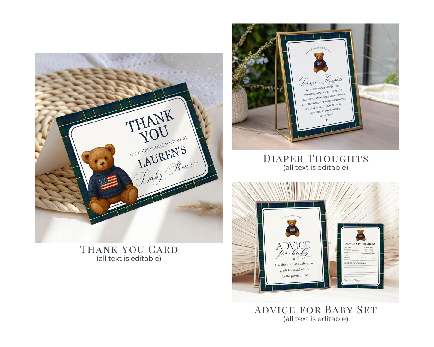 Preppy Bear Baby Shower Bundle Printable Template, We Can Bearly Wait Old Money Baby Sprinkle, Tartan Plaid Nesting Party WP1079