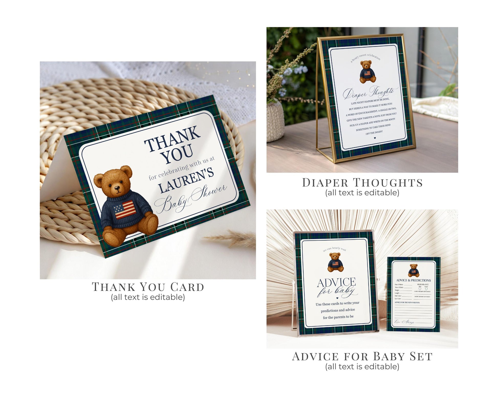 Preppy Bear Baby Shower Bundle Printable Template, We Can Bearly Wait Old Money Baby Sprinkle, Tartan Plaid Nesting Party WP1079