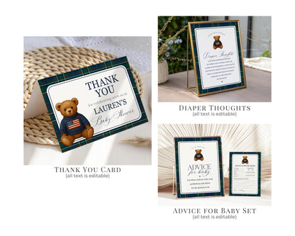 Preppy Bear Baby Shower Bundle Printable Template, We Can Bearly Wait Old Money Baby Sprinkle, Tartan Plaid Nesting Party WP1079