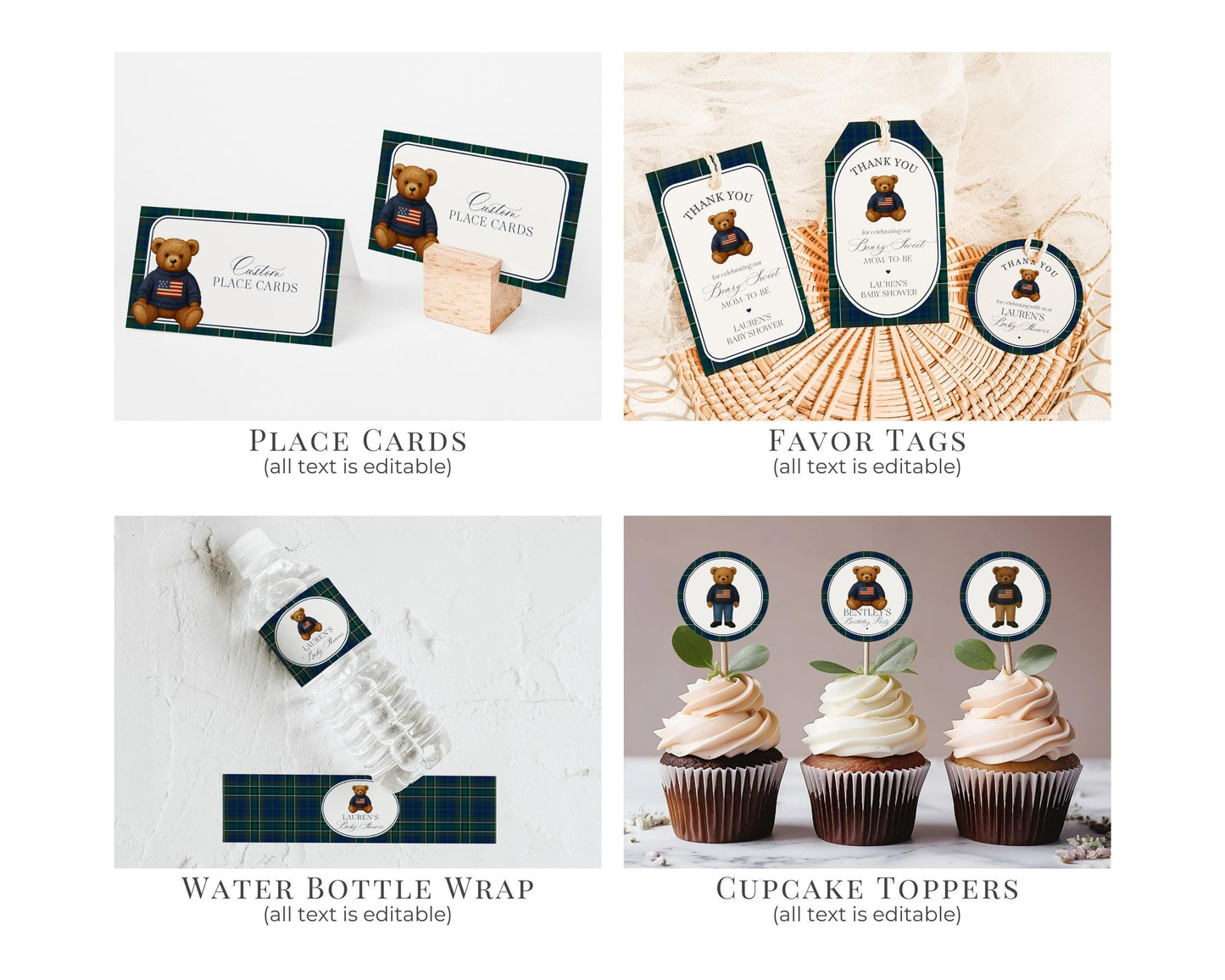 Preppy Bear Baby Shower Bundle Printable Template, We Can Bearly Wait Old Money Baby Sprinkle, Tartan Plaid Nesting Party WP1079