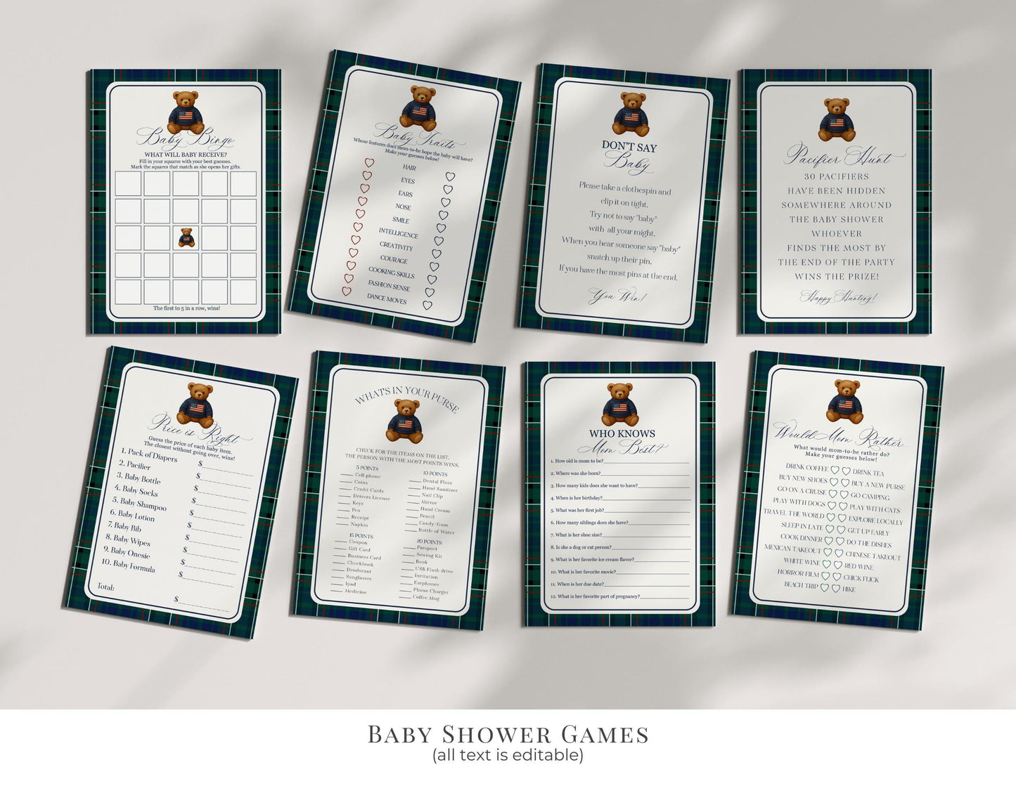 Preppy Bear Baby Shower Bundle Printable Template, We Can Bearly Wait Old Money Baby Sprinkle, Tartan Plaid Nesting Party WP1079