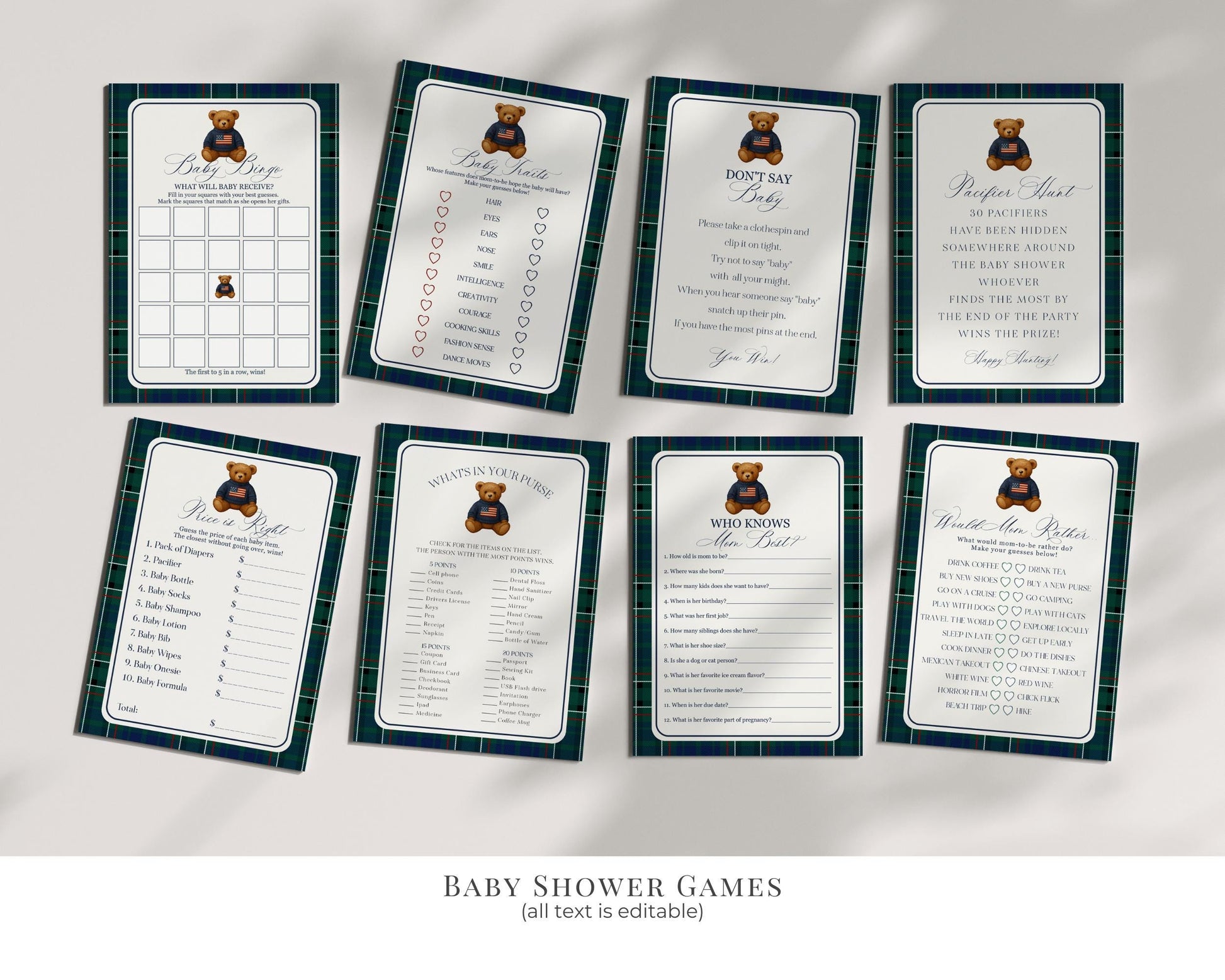Preppy Bear Baby Shower Bundle Printable Template, We Can Bearly Wait Old Money Baby Sprinkle, Tartan Plaid Nesting Party WP1079