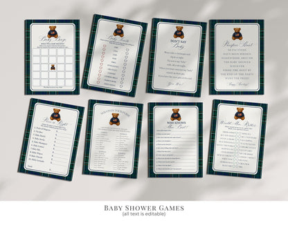 Preppy Bear Baby Shower Bundle Printable Template, We Can Bearly Wait Old Money Baby Sprinkle, Tartan Plaid Nesting Party WP1079
