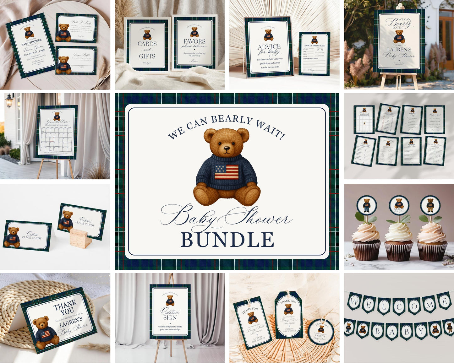 Preppy Bear Baby Shower Bundle Printable Template, We Can Bearly Wait Old Money Baby Sprinkle, Tartan Plaid Nesting Party WP1079