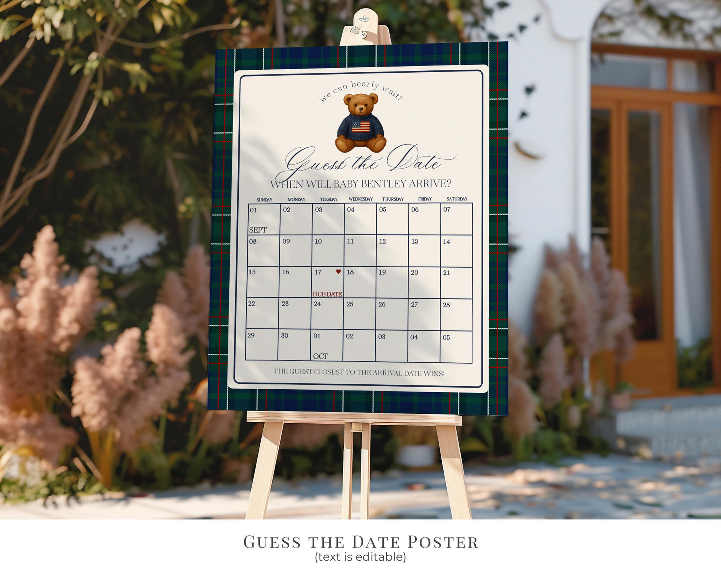 Preppy Bear Baby Shower Bundle Printable Template, We Can Bearly Wait Old Money Baby Sprinkle, Tartan Plaid Nesting Party WP1079