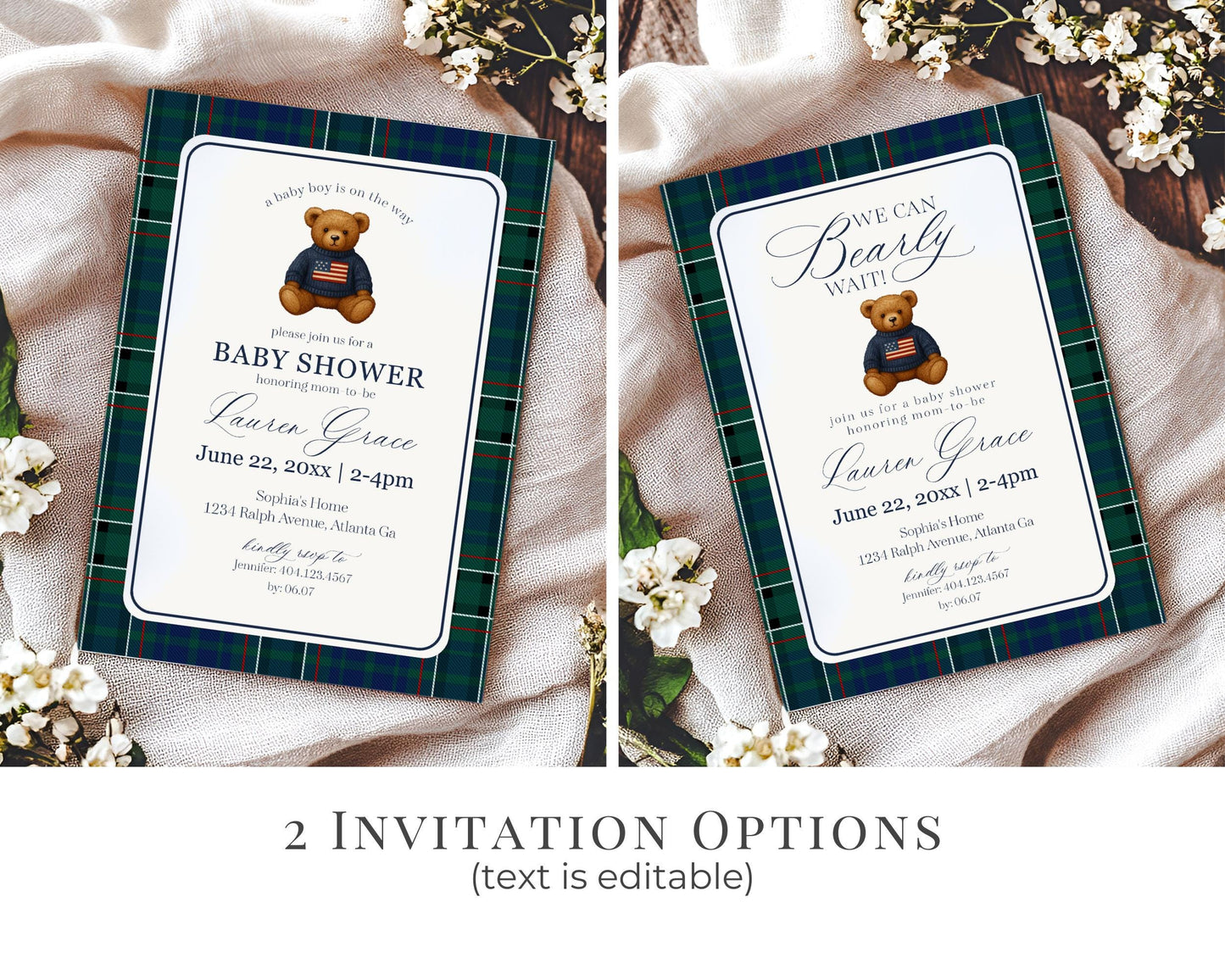 Preppy Bear Baby Shower Bundle Printable Template, We Can Bearly Wait Old Money Baby Sprinkle, Tartan Plaid Nesting Party WP1079