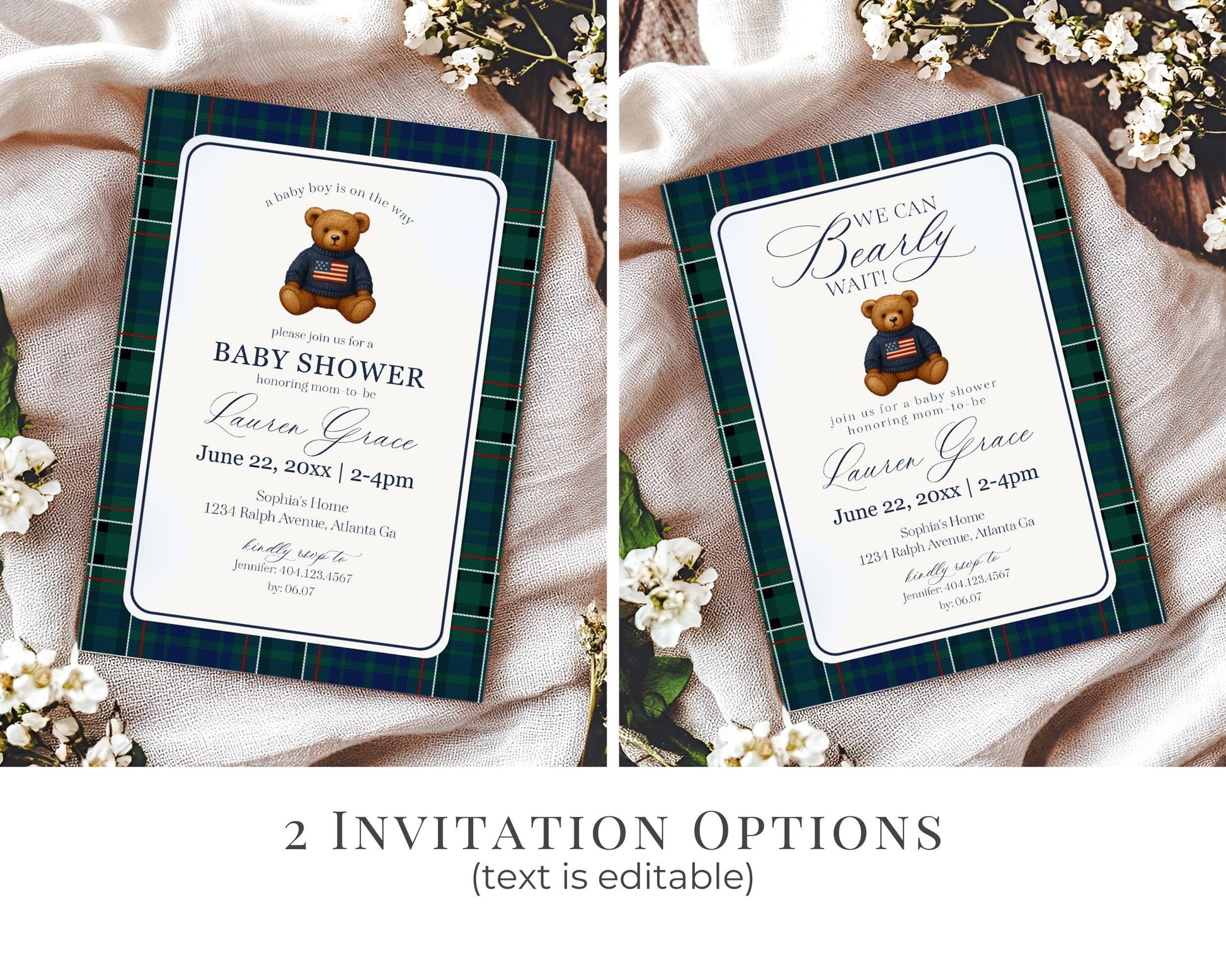 Preppy Bear Baby Shower Bundle Printable Template, We Can Bearly Wait Old Money Baby Sprinkle, Tartan Plaid Nesting Party WP1079