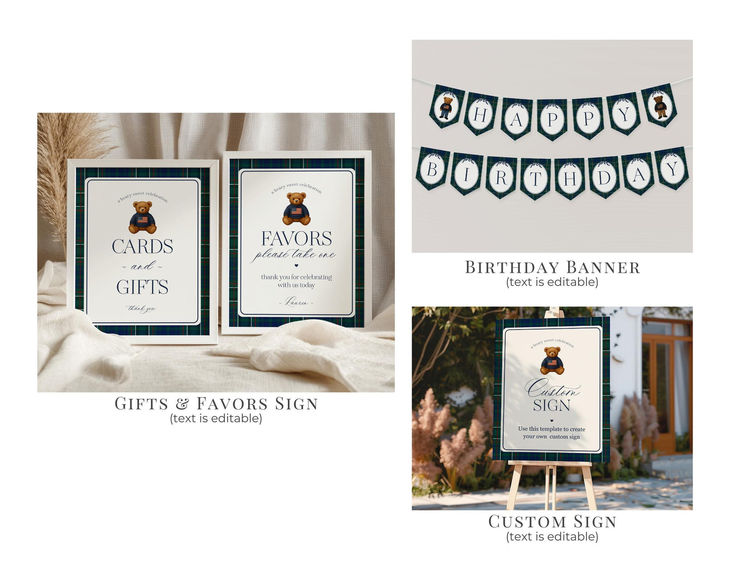 Preppy Bear 1st Birthday Bundle Printable Template, Beary First Birthday Decor, Old Money Birthday Party, Tartan Plaid Party Decor WP1079