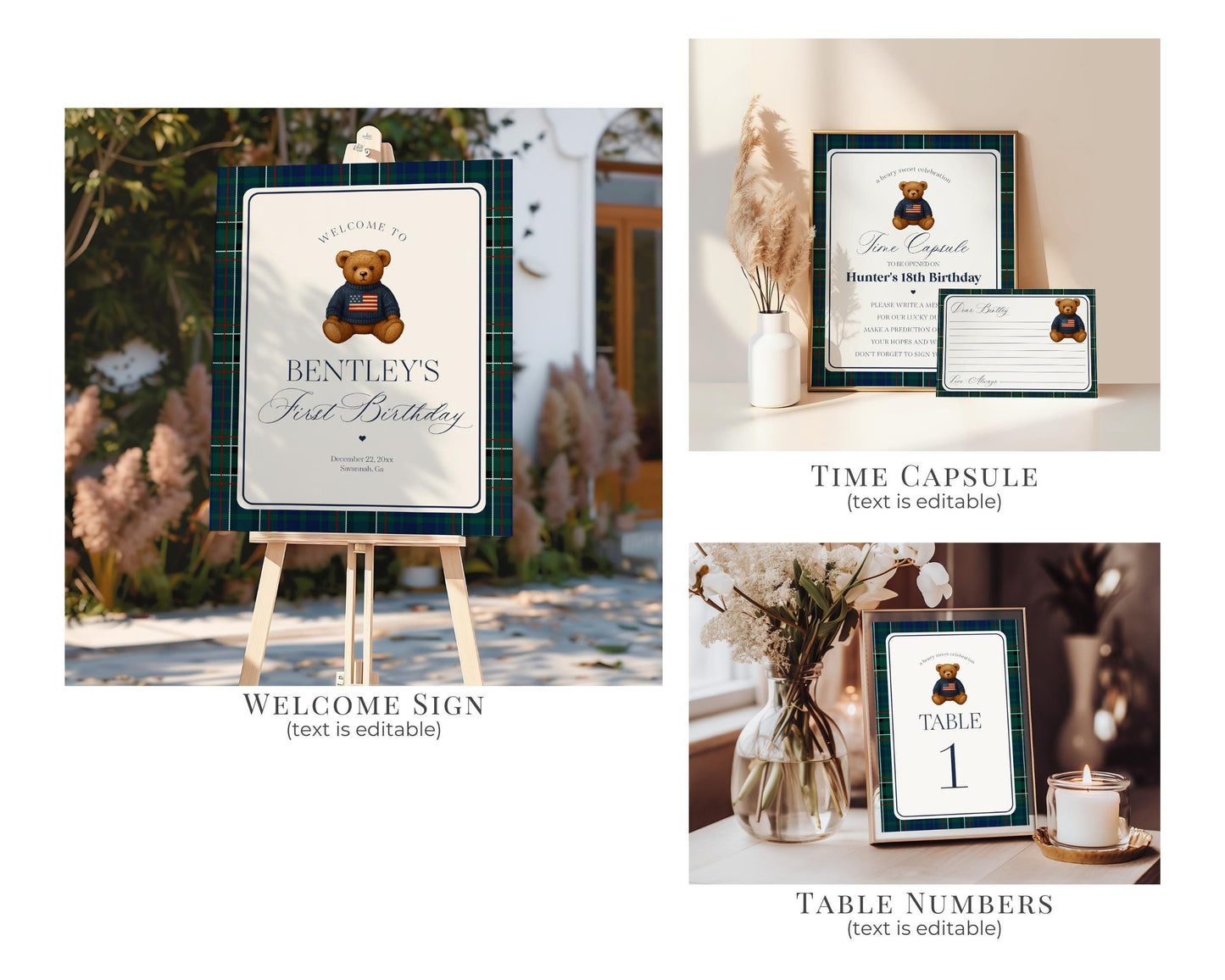 Preppy Bear 1st Birthday Bundle Printable Template, Beary First Birthday Decor, Old Money Birthday Party, Tartan Plaid Party Decor WP1079