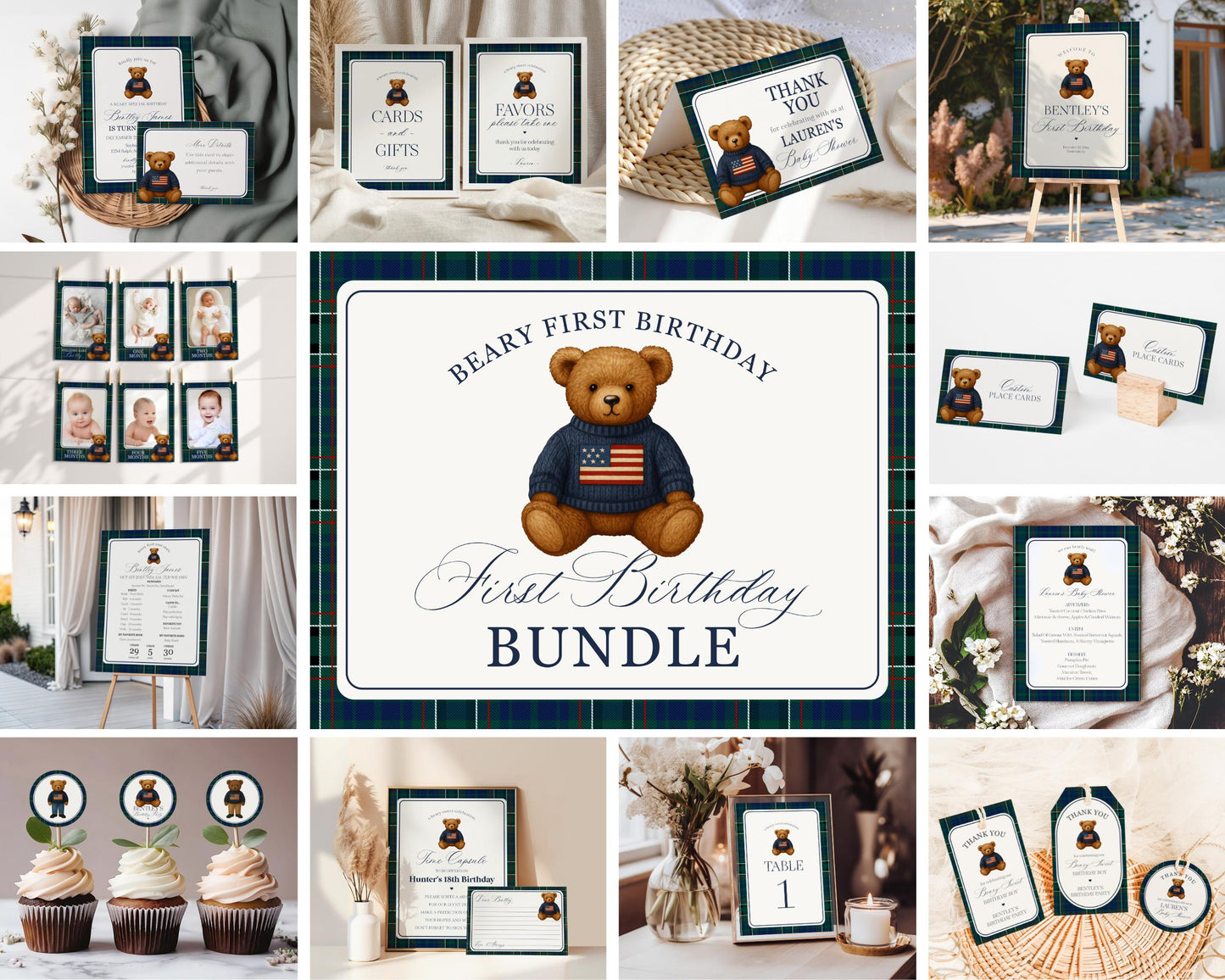 Preppy Bear 1st Birthday Bundle Printable Template, Beary First Birthday Decor, Old Money Birthday Party, Tartan Plaid Party Decor WP1079