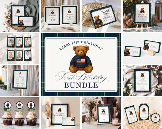 Preppy Bear 1st Birthday Bundle Printable Template, Beary First Birthday Decor, Old Money Birthday Party, Tartan Plaid Party Decor WP1079