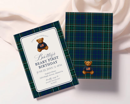 Preppy Bear 1st Birthday Bundle Printable Template, Beary First Birthday Decor, Old Money Birthday Party, Tartan Plaid Party Decor WP1079
