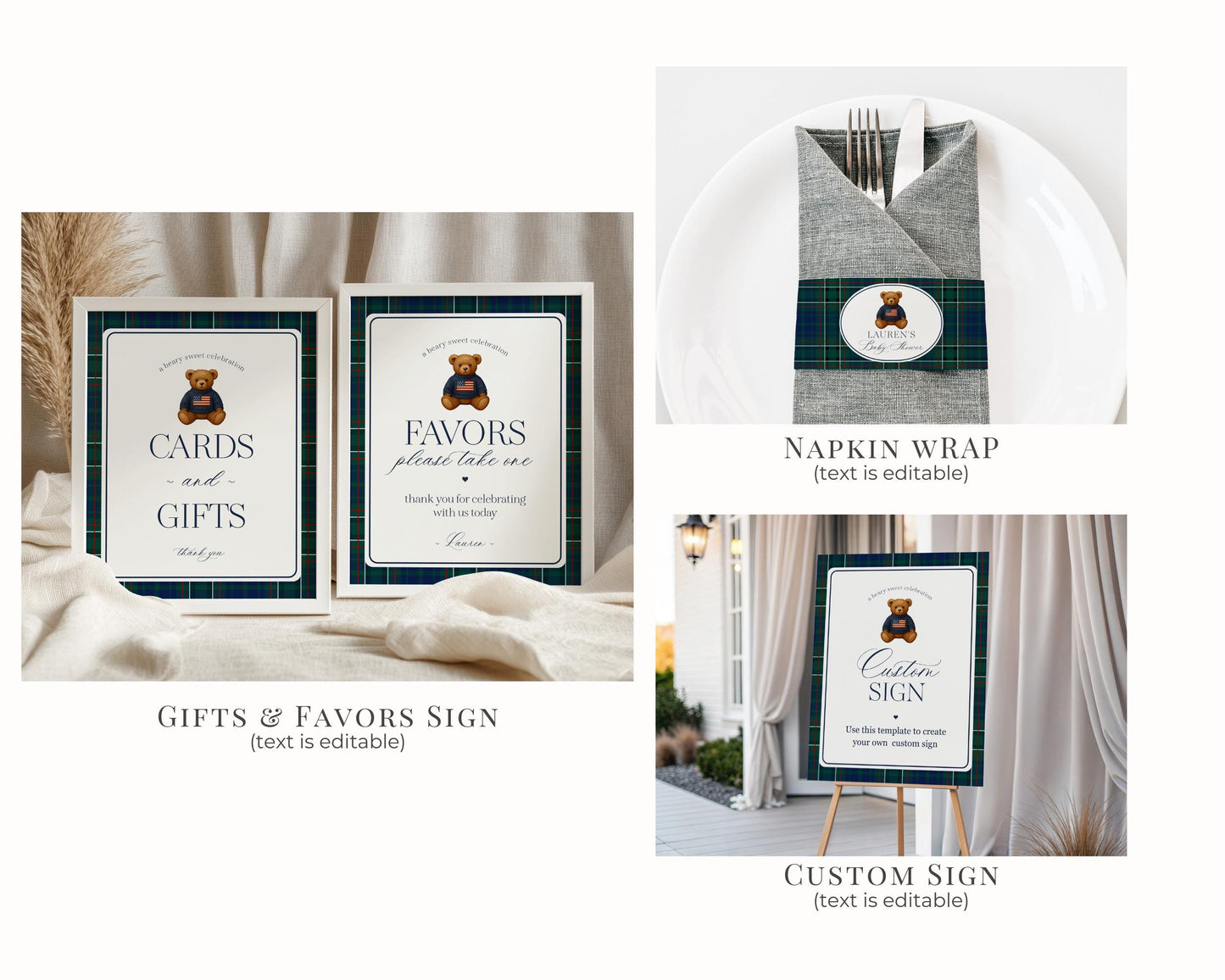 Preppy Bear Birthday Bundle Printable Template, Old Money Teddy Bear Birthday Party, Tartan Plaid Party Decorations WP1079